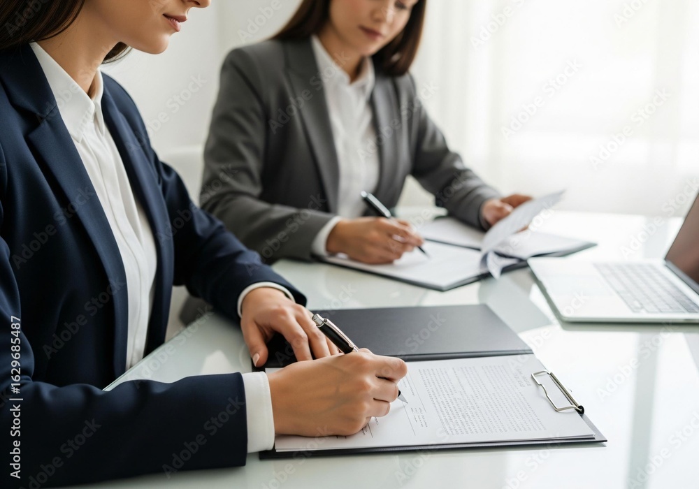 Businesswomen diligently signing documents in modern office Businesswomen diligently signing documents in modern office