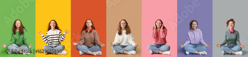 Set of  young meditating wo...