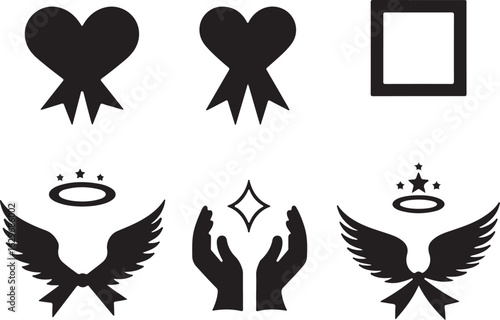 Collection of angel and heart symbols in black silhouette