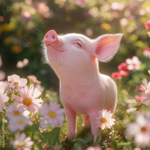 Mini piglet standing in a flower garden, pink nose sniffing fresh blossoms, soft and detailed, UHD 8K 