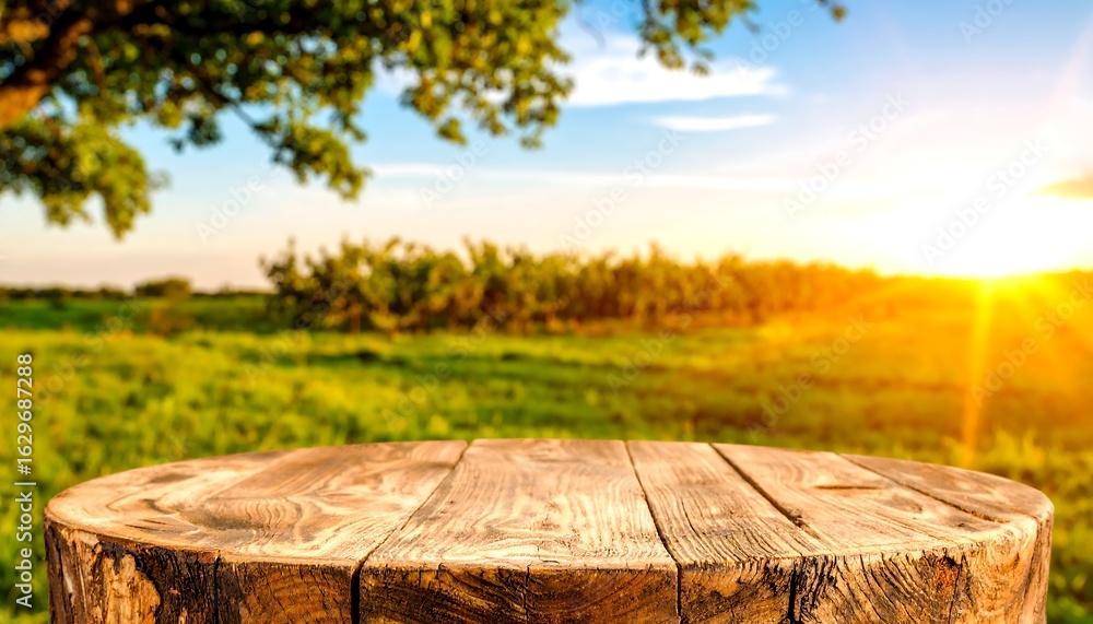 Fototapeta premium Rustic Wooden Tabletop Against a Sunlit Meadow Landscape at Sunset