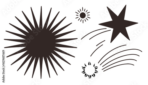 Stylized celestial bodies and shooting star illustration isolated on transparent background