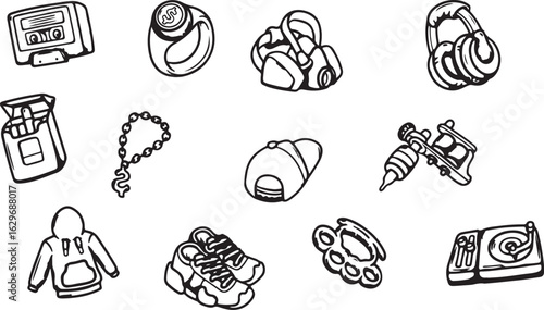 Fitness and Gym Equipment Doodle – Dumbbell, Towel, Gloves, Water Bottle, Hand Grips, Sport, Workout, Icon Pack, Gym Tools, Exercise, Vector, Health, Sketch, Hand Drawn, Training, Fit, Strength