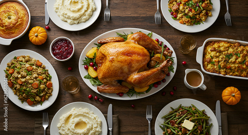 Traditional Thanksgiving holiday dinner with roasted turkey and all the trimmings on a wooden table