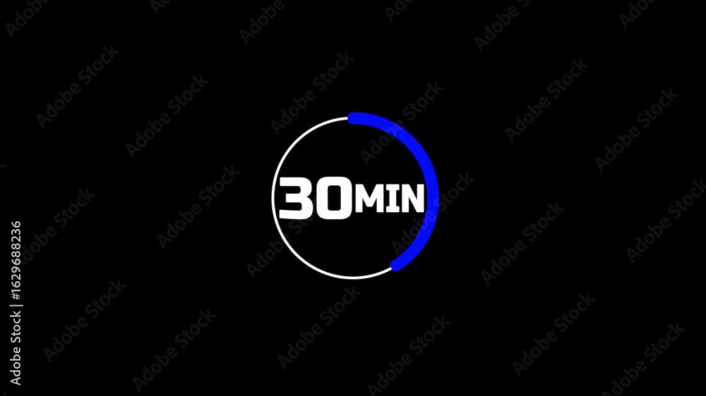 30 minutes timer clock icon 4k animation background.The 30 minutes Stopwatch icon in flat style on black background . Motion graphics 4k