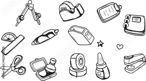Technology and Gadget Doodle Set – VR, Headphones, Remote, Cassette, Retro, Speaker, Gamepad, Tech, Device, Media, Hand Drawn, Electronic, Audio, Vintage, Icon, Sketch, Entertainment