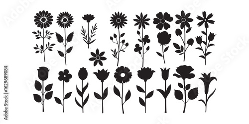 Minimalist Flower Icon Set – Cute Floral Vector Collection on Transparent Background.