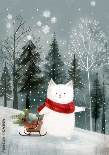 funny cat in a red scarf carries a sled with gifts in a winter forest