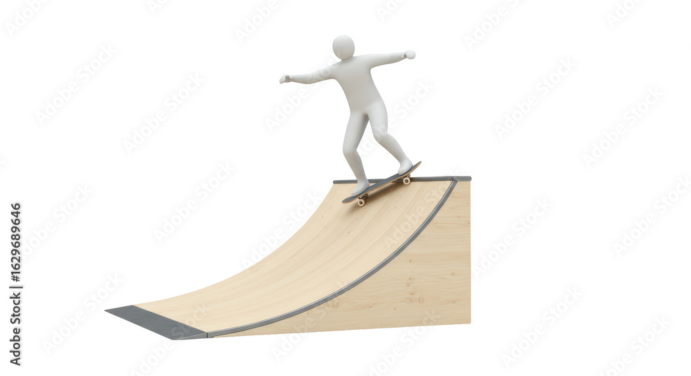 Obraz premium Isolated White Figure Skateboarding on a Wooden Half-Pipe Ramp
