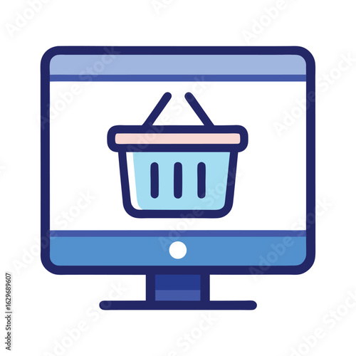 Online Store Icon: Minimalist Vector Design of a Monitor with a Shopping Basket

