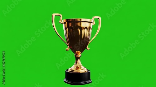 The video features a golden trophy smoothly rotating against a bright green backdrop