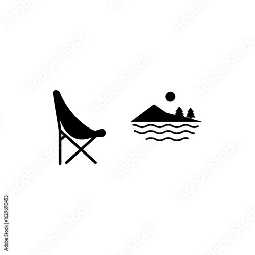 Camping chair facing lake black filled icon symbol of outdoor relaxation and summer leisure