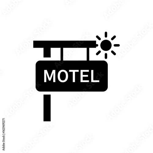 Black filled motel sign with sun icon for travel lodging and road trip stay