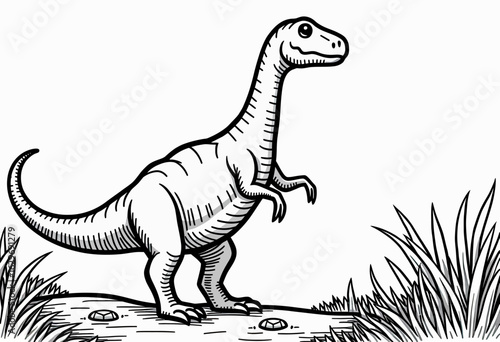 A classic black and white line art illustration of a small dinosaur, possibly a compsognathus, a perfect hand-drawn design for coloring books and educational themes.
