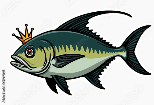 A detailed and dynamic illustration of a large ocean fish, possibly a jack or tuna, wearing a golden crown, a powerful and regal mascot for any brand.
