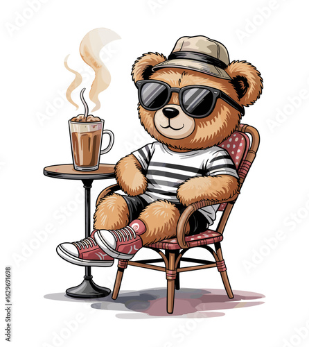 Stylish vector illustration of a cool teddy bear in striped tee, bucket hat, and red sneakers, lounging with iced coffee. Watercolor texture on transparent background for trendy designs