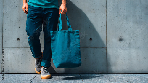Person Holding Blank Teal Tote Bag Mockup against a Modern Concrete Wall
