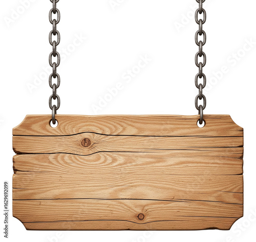 Wooden sign hanging from chains with a rustic light brown wood grain texture isolated on transparent background