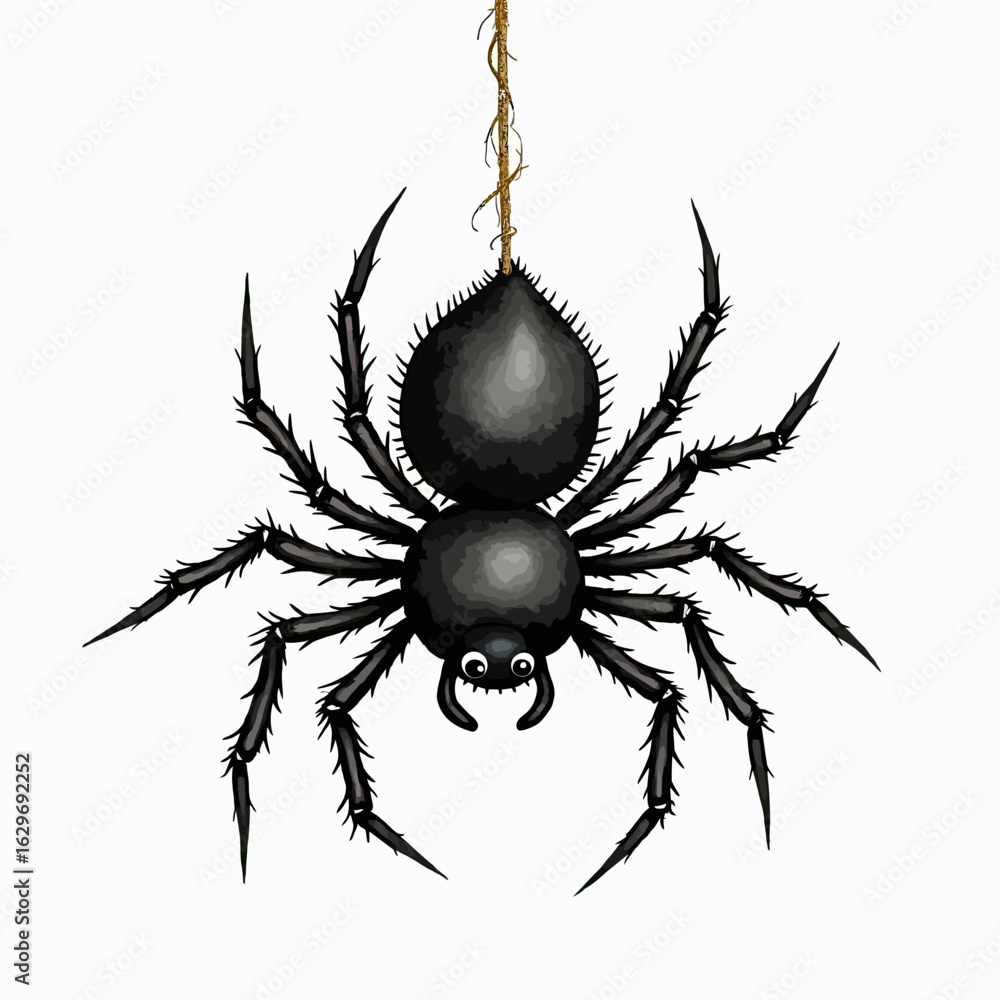 Obraz premium A realistic and detailed illustration of a black spider hanging from a single thread, a creepy and classic symbol perfect for Halloween and spooky-themed designs. 