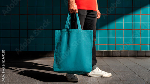 Person Holding a Vibrant Teal Tote Bag Mockup in a Modern Tiled Space with Strong Shadows