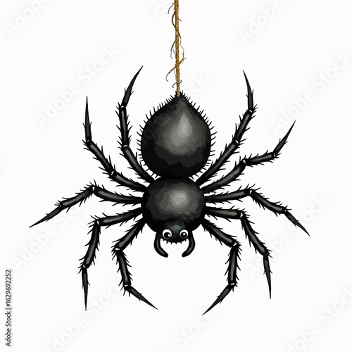 A realistic and detailed illustration of a black spider hanging from a single thread, a creepy and classic symbol perfect for Halloween and spooky-themed designs.
