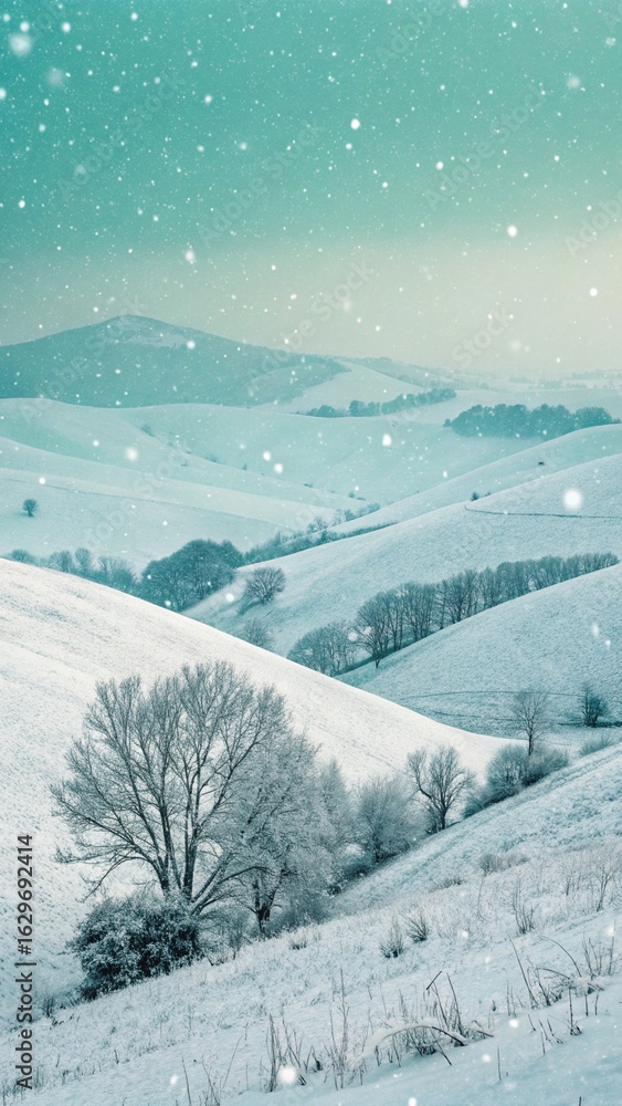 Obraz premium Serene winter landscape with rolling snow covered hills and a lone tree