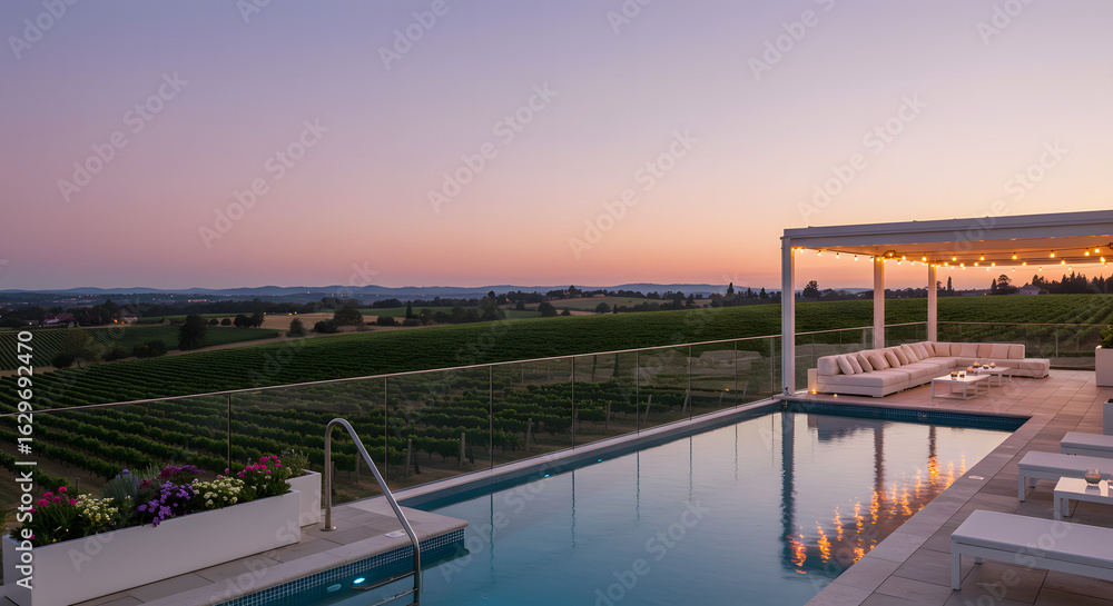 Fototapeta premium Luxury pool vineyard estate at sunset with pergola and outdoor furniture for summer vacation getaway travel