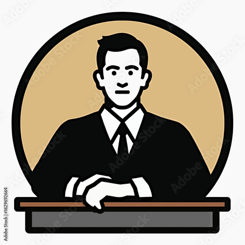 A confident and trustworthy lawyer or advocate character in a classic black and white comic book style, perfect for legal services branding and retro logos.
