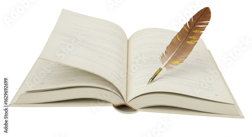 Isolated Open Book with Elegant Feather Quill, Symbolizing Education, Knowledge, Literature, and the Art of Storytelling