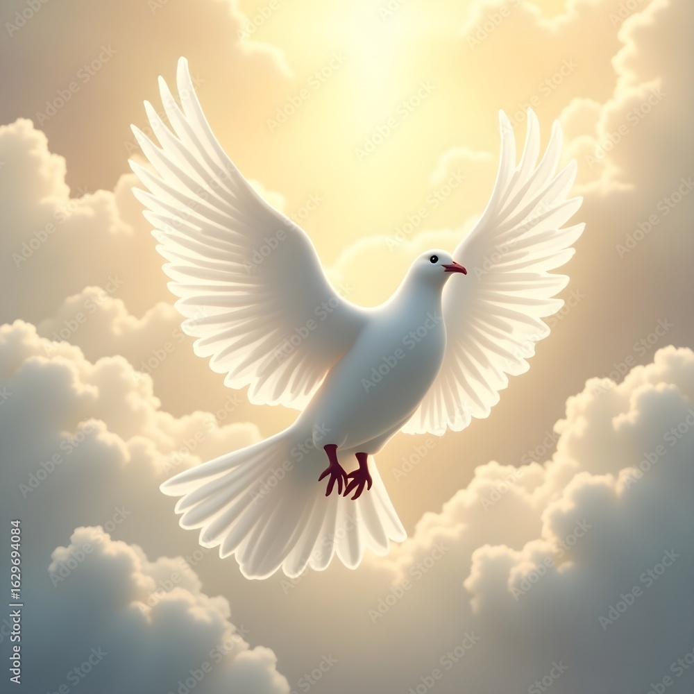 Obraz premium A beautiful white dove soars through the blue sky, symbolizing peace and freedom