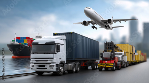 Global Transportation Network: A comprehensive visual symphony showcasing various modes of transport harmoniously operating together.