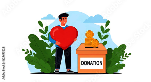 Man Holding Red Heart Near Donation Box with Gold Coins Illustration