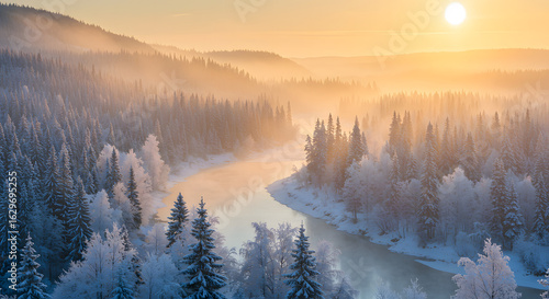 Winter forest landscape with snowy trees river and sunlight beautiful nature scene aerial view scenic panorama