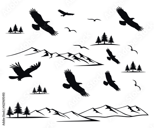 Flying Eagles Over Minimal Mountains and Trees Black Silhouettes on White