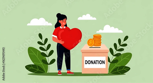 Woman Holding Red Heart Near Donation Box with Coins, Charity Concept