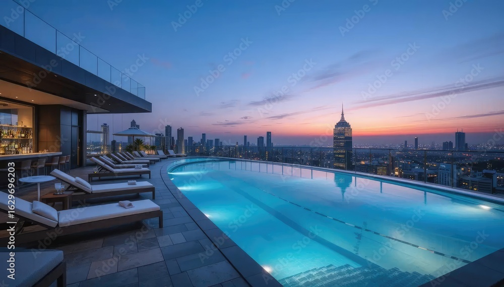 Fototapeta premium A view of the city skyline in the evening with modern urban architecture, brightly lit skyscrapers and a swimming pool.