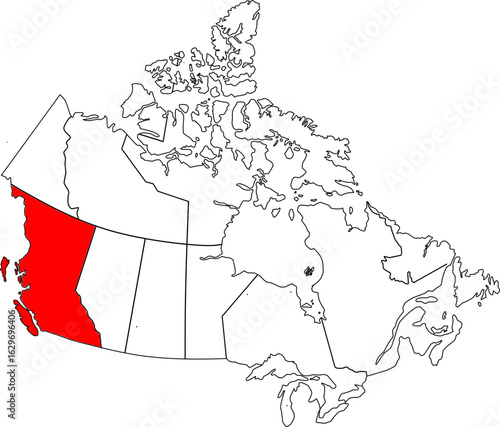 Map of Canada highlighting the province of British Columbia. Ideal for geographic studies, travel guides, or projects related to its stunning natural landscapes and economy.
