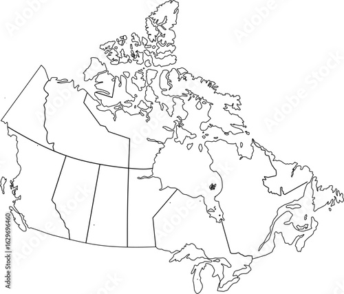 Clean, blank outline map of Canada with all provincial and territorial boundaries. Ideal for geographic, educational, or data visualization projects