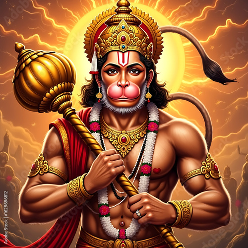 Lord Hanuman, a symbol of divine strength, devotion, and loyalty, is a heroic deity from the Ramayana known for his service to Lord Rama and his extraordinary spiritual powers.