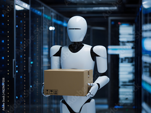 Advanced Robot Carrying Packages in a Futuristic Technology Facility. A humanoid robot transports cardboard packages in a modern, high-tech facility, symbolizing automation and advanced AI development