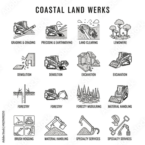 Construction service icons including excavation, demolition, forestry, and land clearing.

