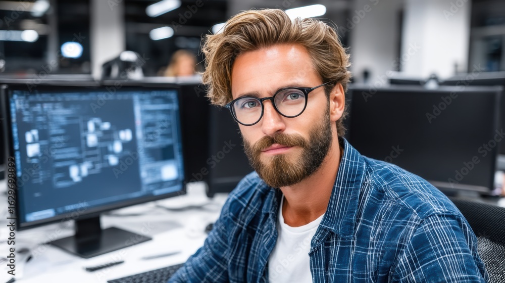 Fototapeta premium Man working at computer in office environment with multiple screens and technology setup