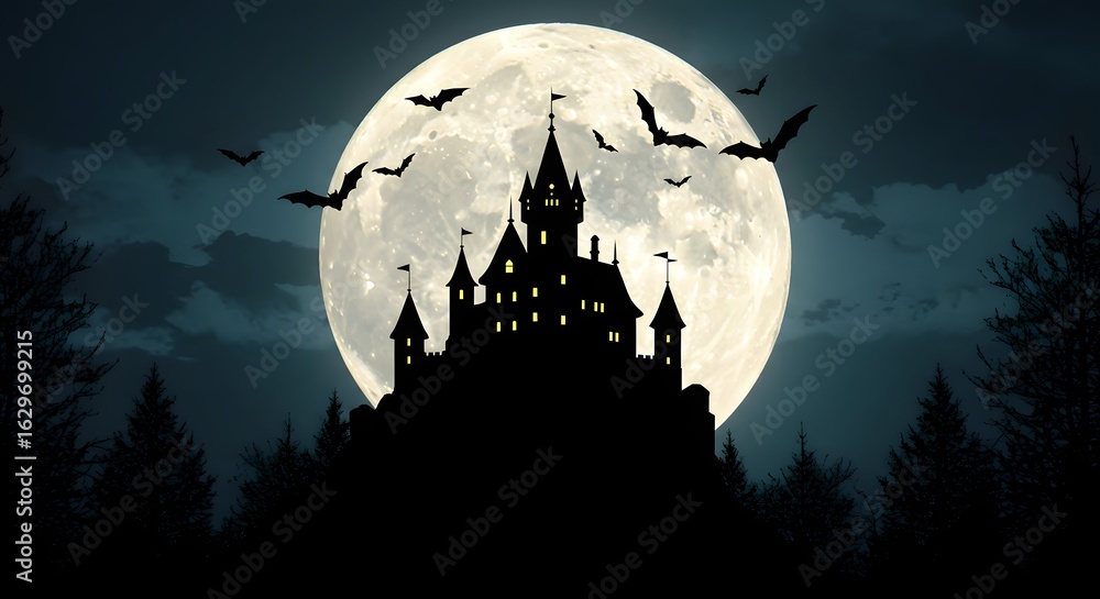 Fototapeta premium Silhouette of a castle with illuminated windows against a full moon bats flying around
