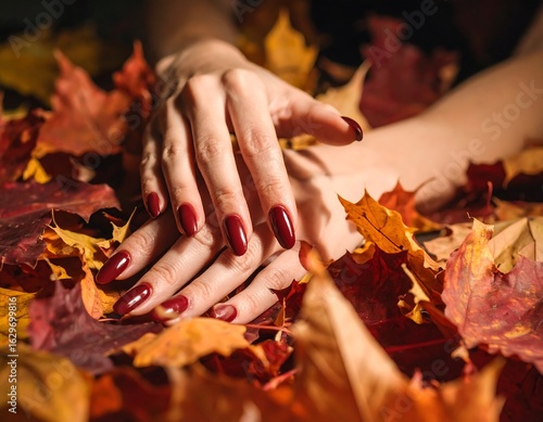 Fototapeta Naklejka Na Ścianę i Meble -  Woman's hands with fall colored nails