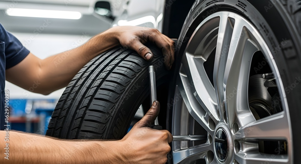 Fototapeta premium Mechanic installing a car tire with a tool in a garage with a silver rim and a black tire tread