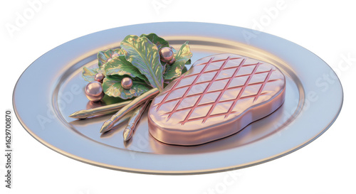Isolated Gourmet Steak Dinner on a Silver Plate with Asparagus and Garnish, Fine Dining Concept