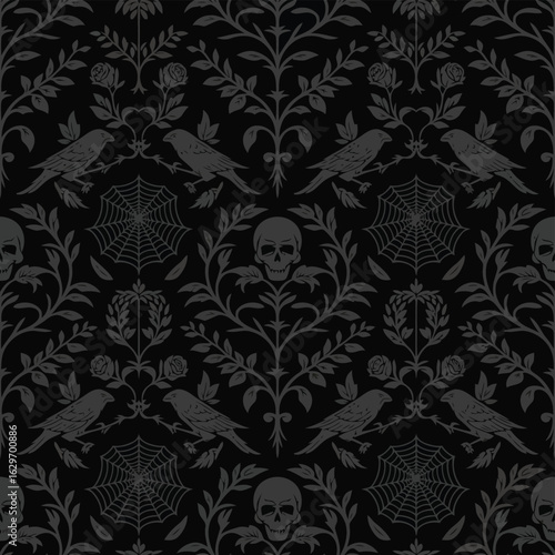 Vector illustration of Gothic Damask Pattern: Skulls, Birds, and Spiders