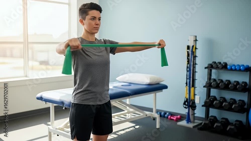 Woman exercising with resistance band in physical therapy setting