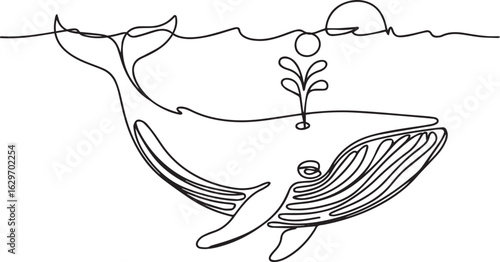 Continuous one line drawing of a whale swimming peacefully in the ocean, symbolizing calm marine life and elegant natural motion

