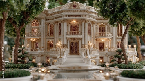 Luxurious baroque palace miniature surrounded by trees and reflecting pool.